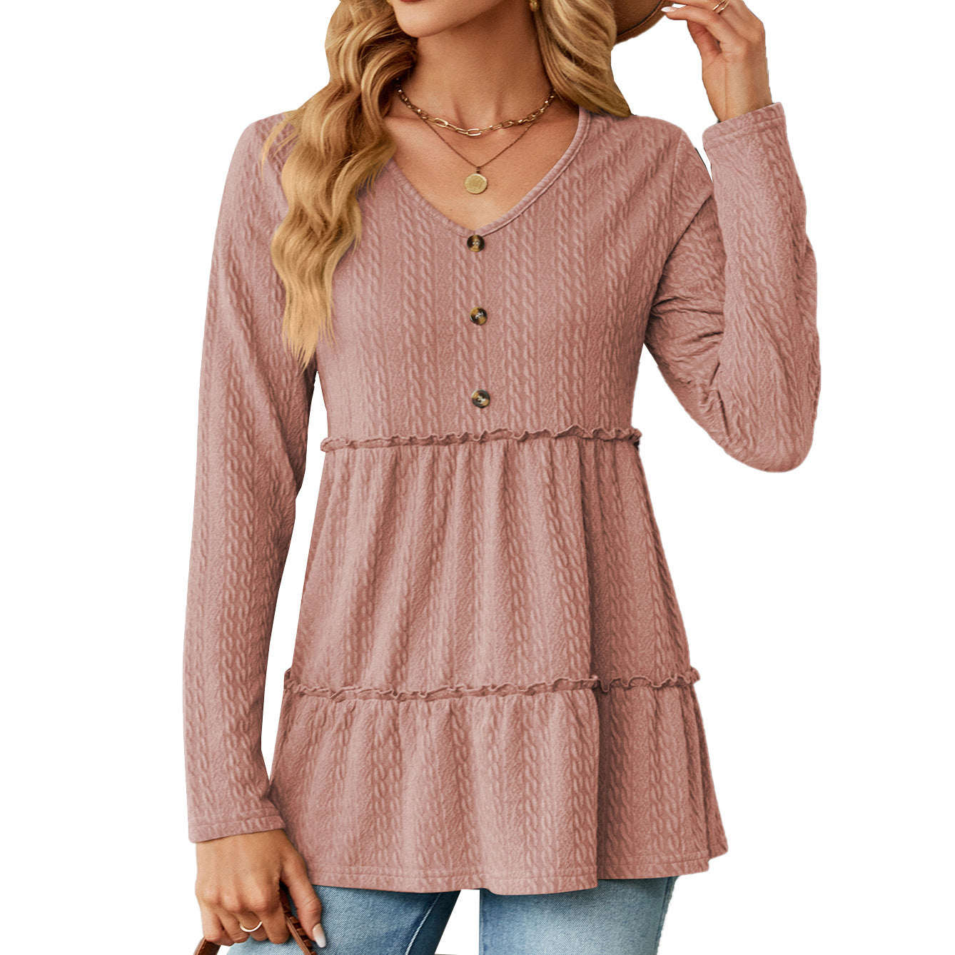 Wholesale Autumn and Winter V-neck Solid Color Button Stitching Long-sleeved Loose Top